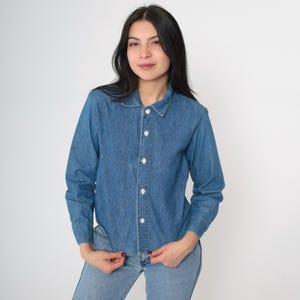 90s Denim Shirt Blue Jean Button Up Blue Long Sleeve Boyfriend Shirt Chambray Simple Cotton Vintage 1990s Contempo Casuals Boy&#39;s Medium