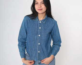 90s Denim Shirt Blue Jean Button Up Blue Long Sleeve Boyfriend Shirt Chambray Simple Cotton Vintage 1990s Contempo Casuals Boy's Medium