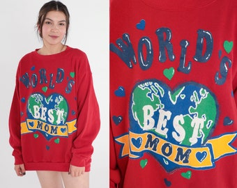 Mom Sweatshirt 90s World's Best Mom Sweatshirt Mother Gift Present Graphic Shirt Red Pullover Crewneck Sweater Vintage 1990s Extra Large xl