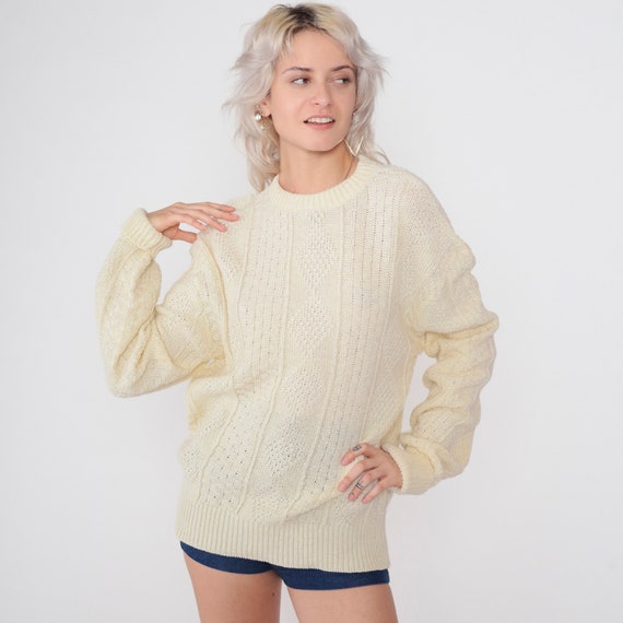 Cream Sweater 80s Chunky Knit Pullover Sweater Textured Diamond Jumper Pullover Crewneck Retro Simple Acrylic Vintage 1980s Large