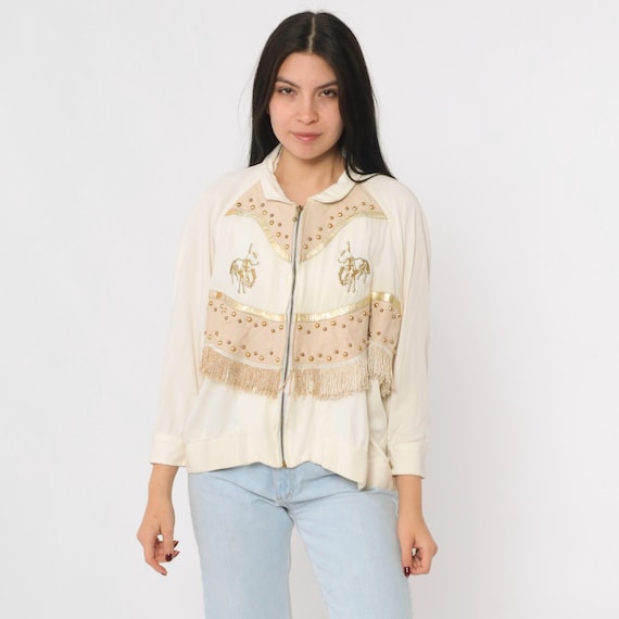 Vintage Western Fringe Jacket 80s Cream Gold Studded Rodeo Horse Embroidery Metallic Zip Up Front Leather Trim 1980s Cowboy Glam Medium