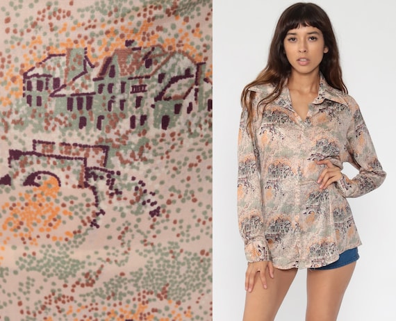 70s Bird Shirt Brown Boho Shirt Bohemian Top Swallow Shirt Geometric Novelty Print Button Up 1970s Hippie Long Sleeve Vintage Medium