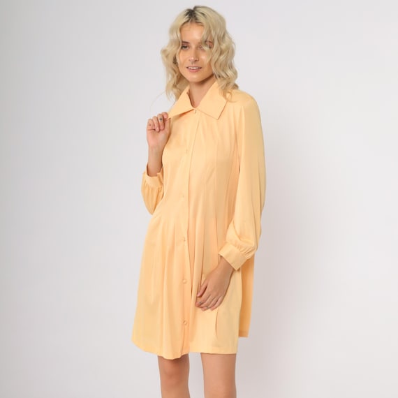 70s Peach Dress Button Front Long Sleeve Wide Collar Lounger Style Mini Babydoll Semi Sheer Retro Mod Lounge Wear Small S 70s