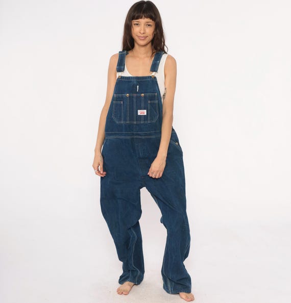 Y2K Denim Overalls Roundhouse Cotton Workwear Dungarees Dark Blue Grunge Carpenter Vintage Multiple Pockets Utility Gorpcore Extra Large XL