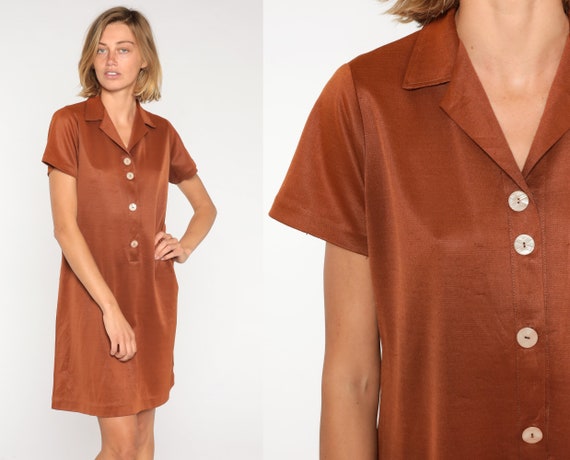 Brown Shirtdress 70s Mini Dress Retro Button Up S… - image 1