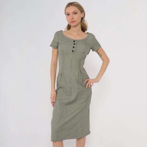50s Houndstooth Dress Black White Check Button Front Fitted Wiggle Midi Scoop Neck Short Sleeve Hourglass Pinup Day Dress Extra Small XS