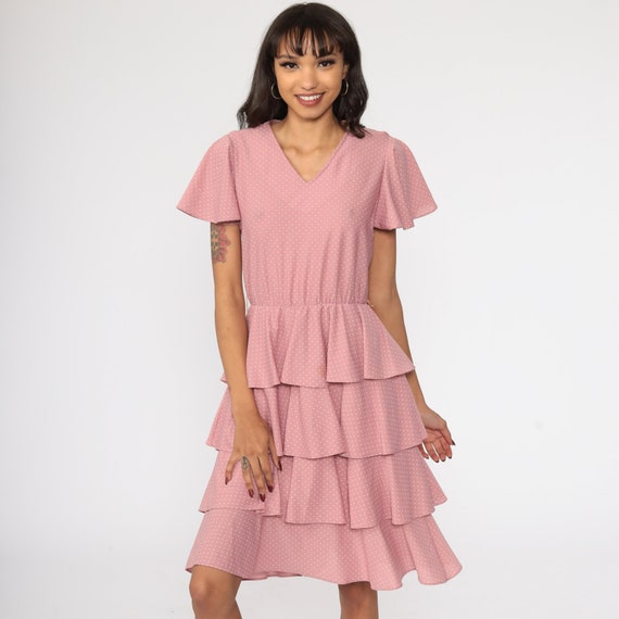 Pink Tiered Dress 70s Polka Dot Dress Boho High W… - image 2