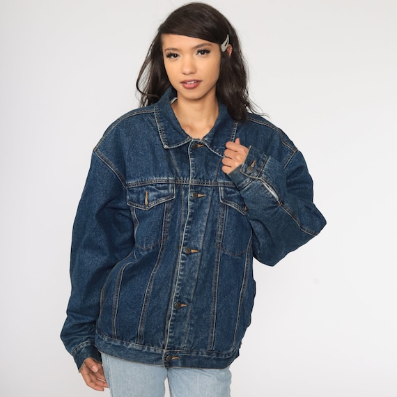 80s Denim Shearling Jacket Denim Sherpa Jacket 90s  Jean Jacket 1980s Oversized Trucker Biker Coat Blue Vintage 90s Fleece Large xl l