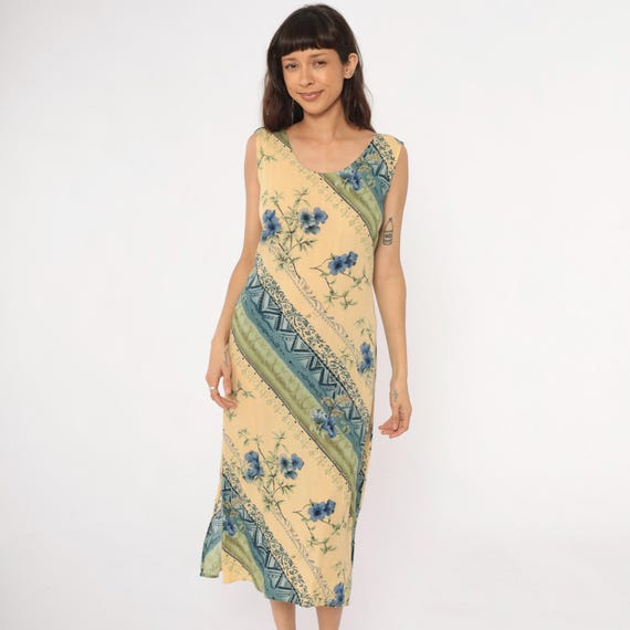 90s Floral Sundress Yellow Dress Blue Diagonal Stripe Geometric Sleeveless Tie Waist Cottagecore Summer Day Vintage Butter Cream Medium M