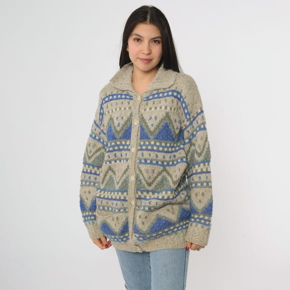 90s Wool Cardigan Beige Blue Green Geometric Knit Button Front Long Sleeve Collared Sweater Handmade Chunky Knit Winter Medium M