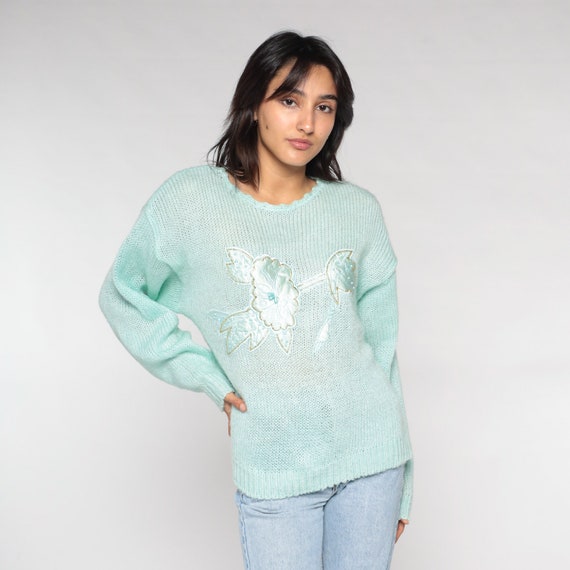 Flower Sweater 90s Mint Green Pullover Knit Sweater Floral Applique Graphic Print Hippie Bohemian Acrylic Vintage 80s Shenanigans Medium M