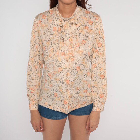 Floral Shirt Ascot Blouse 70s Neck Tie Top Beige … - image 8