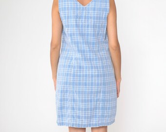 Checkered Jumper Dress 90s Mini Blue Plaid Print Overall Dress Pinafore Sleeveless Buckle Strap Sheath MiniDress 1990s Vintage Grunge Medium