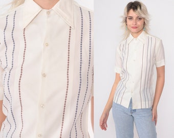 70s Striped Shirt White Chain Print Button Up Shirt Retro Collared Disco Top Short Sleeve Oxford Seventies Vintage 1970s 2xs xxs