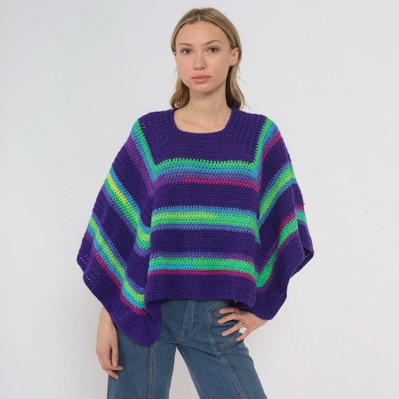 Purple Crochet Poncho 90s Rainbow Stripe Top Boho Hippie Grunge Neon Green Pink Blue Vintage Square Neck Boxy Loose Fit One Size Small Large