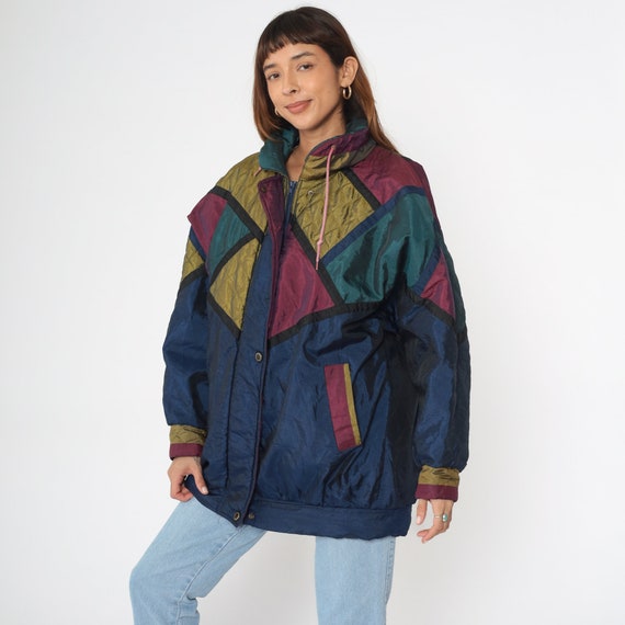 90s Puffer Jacket Navy Blue Color Block Ski Jacket Winter Coat 80s Puffy Coat 1990s Vintage Olive Green Burgundy Puff Jacket Oversized Large
