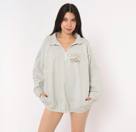 90s Florida Pullover Grey Cotton Half Zip Sweatshirt Textured Checkered Waffle Knit Tourist Vacation Beach Casual Top Large Extra Large XL