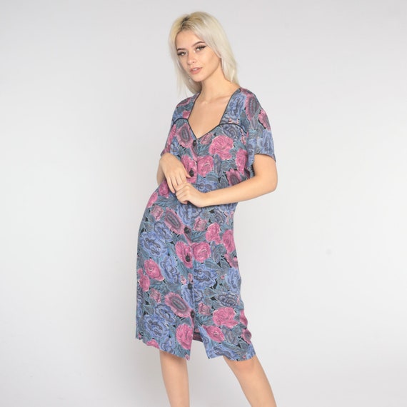 80s Floral Dress Purple Paisley Print Sheath Mini Dress Button Up 1980s Short Sleeve Pencil Wiggle Vintage Eighties Dress Pink Medium