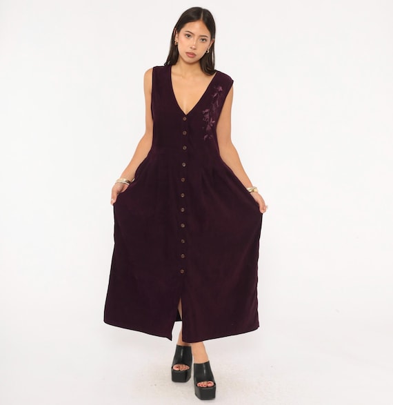 Embroidered Floral Maxi Dress 90s Plum Sleeveless V Neck Deep Purple Wine Burgundy Vine Detail Grunge Whismigoth Alternative Vintage Large L