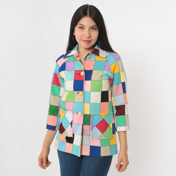 Vintage Patchwork Jacket 70s Bright Multicolor Sq… - image 2