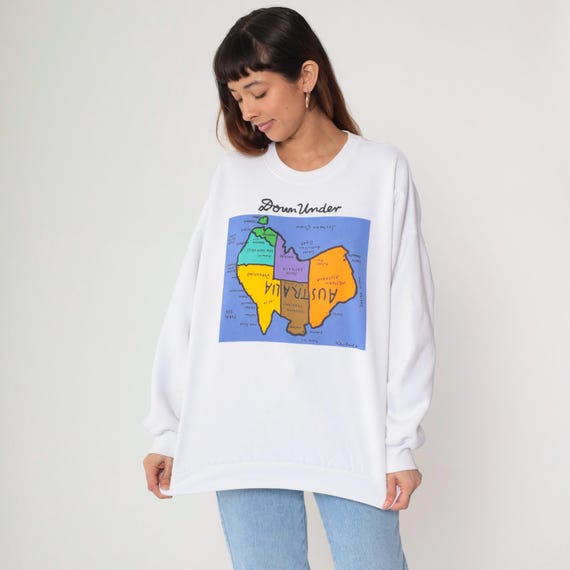 Australia Souvenir Sweatshirt 90s Down Under Map Graphic White Oversized Travel Tourist Vintage Australian States Tasmania Queensland Large