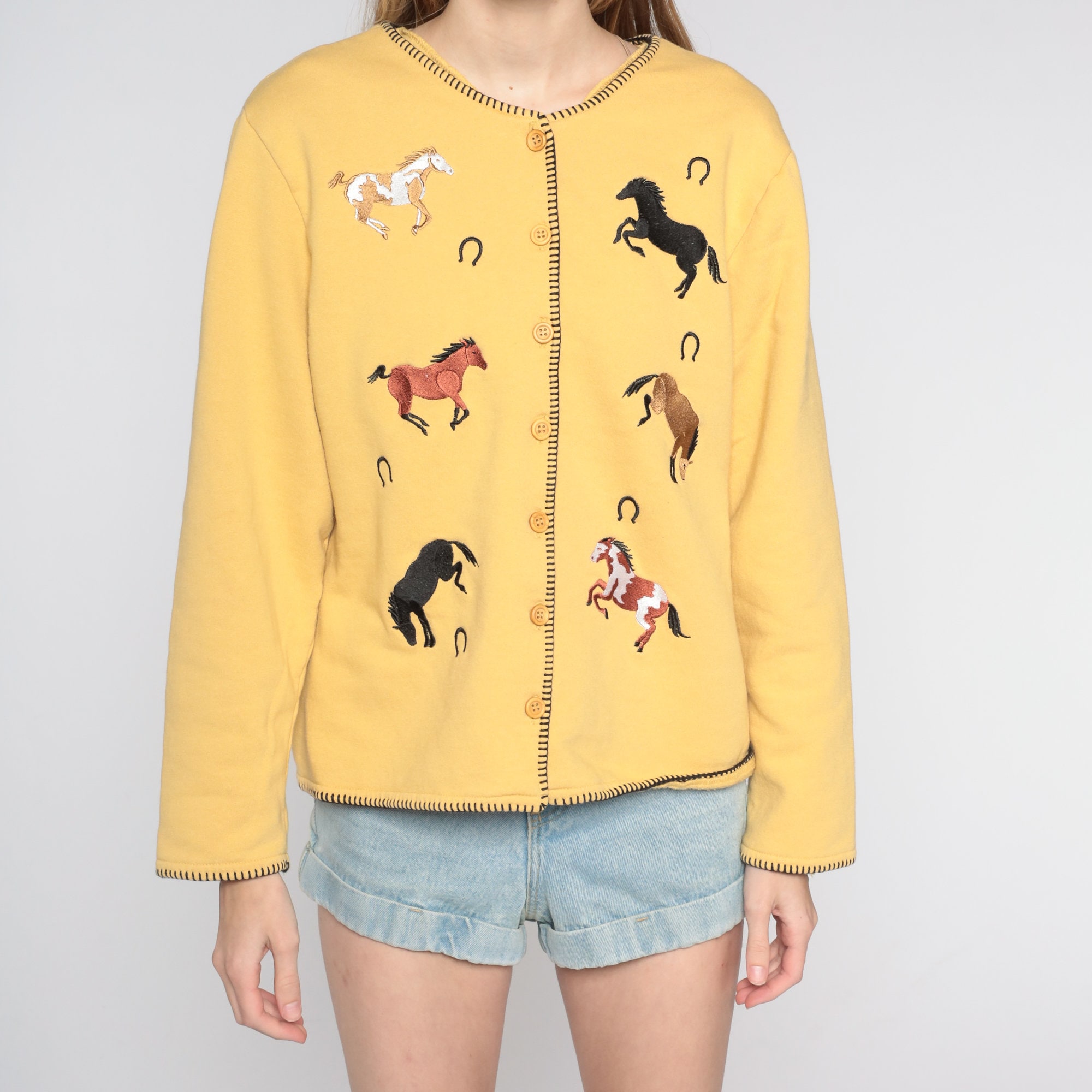 Horse Cardigan 90s Button up Sweater Embroidered Horses Horseshoes