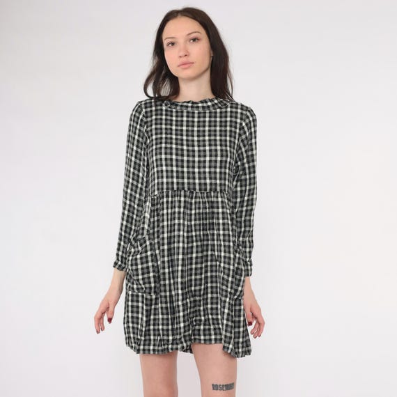 90s Checkered Babydoll Mini Dress Black Grey Grunge Dress Vintage Plaid 1990s Empire Waist Long Sleeve Extra Small xs 2