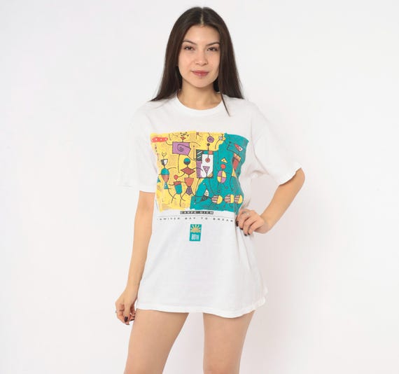 90s Bay To Breakers Graphic Tee 1991 San Francisco Race White Cotton Abstract Art Print Teal Yellow Short Sleeve Carpe Diem Vintage Large L