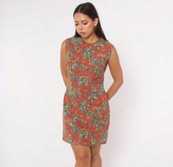 60s Hippie Paisley Print Shift Dress Rust Red Orange Sleeveless Teal Gold A Line Mod Sheath John Abbott Bohemian Summer Vintage Small S