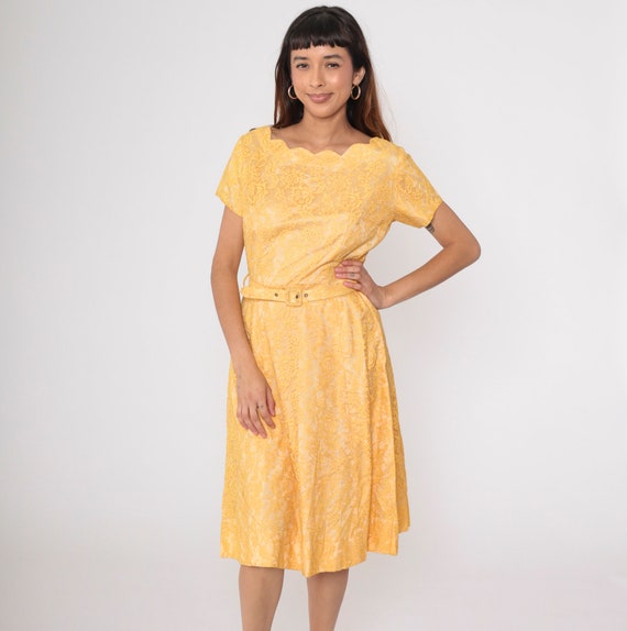 60s Lace Cocktail Dress Vintage Party Dress Orange-Yellow Prom Dress Scalloped 1960s Sixties Formal Short Sleeve Midi Tea Length Medium 8