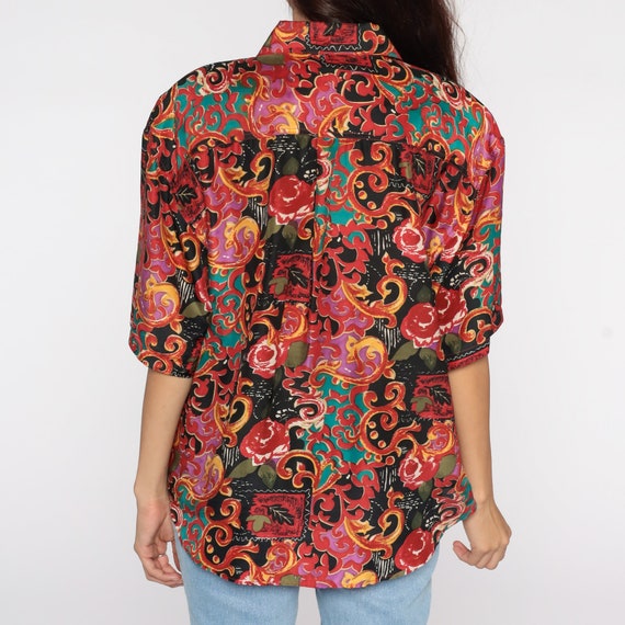 SILK Baroque Shirt 90s Black Red Rose Floral Abst… - image 6