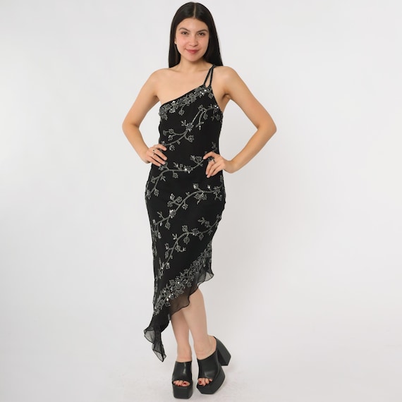 90s Beaded Dress Silk Asymmetrical Black One Shoulder Cocktail Evening Gown Formal Party Cache Sheer Floral Embellished Slip Size 6 Small S
