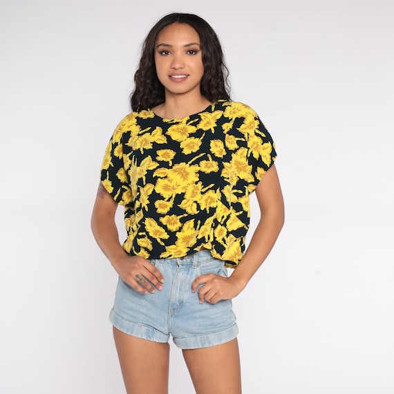 90s Floral Shirt Yellow Floral Blouse Black Rayon Short Sleeve Top Grunge Boho 1990s Vintage Bohemian Patterned Small Medium Large