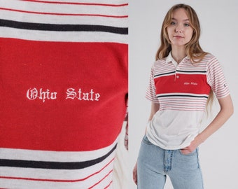 Ohio State Shirt 80s Polo Shirt Striped Collared T-Shirt University Half Button Up Buckeyes TShirt White Red Black Vintage 1980s Champion XS