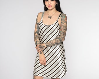 Lingerie Slip Dress Satin Striped Nightgown Grey Black Mini Slip Vintage 90s Chemise Spaghetti Strap Sleep Sexy Full Slip Sexy Party Medium