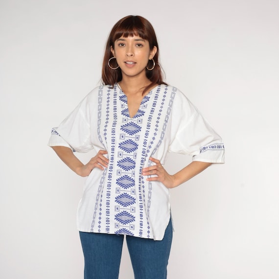 Embroidered Top Y2K Hippie Shirt White Blue Guatemalan Embroidery Top Aztec Mexican Blouse V Neck Half 1/2 Sleeve Cotton Vintage 00s Medium