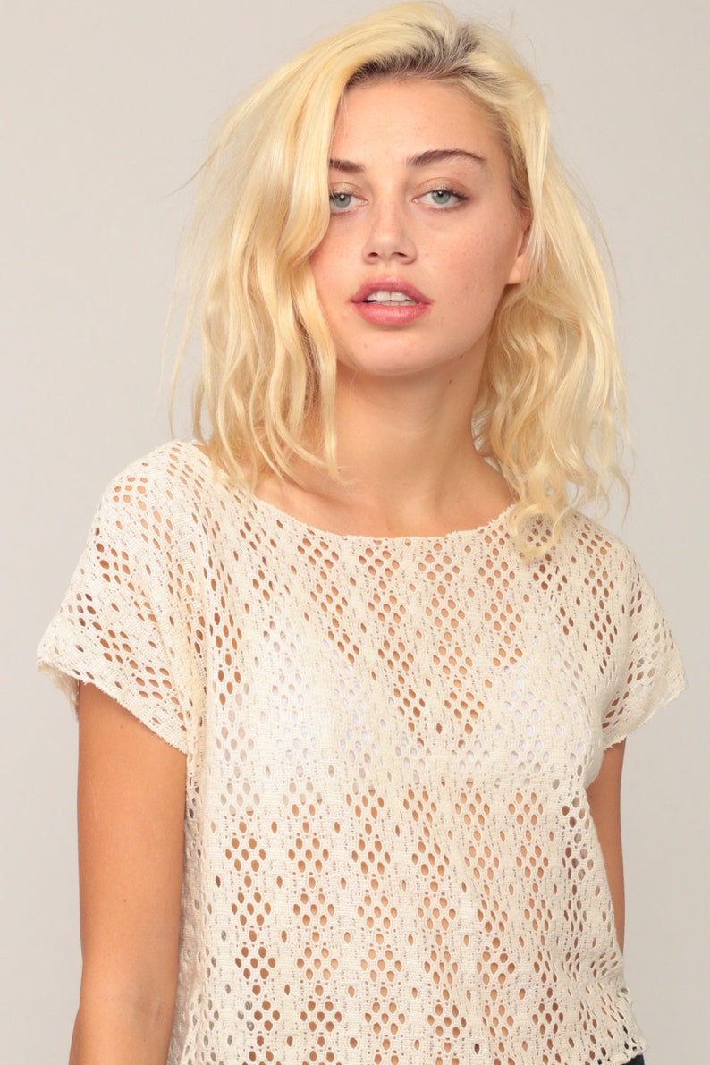 Lace Crop Top 90s Shirt Sheer Blouse Cut Out Top Grunge 1990s Vintage Cropped Shirt Cutout Off-White Retro Cap Sleeve Hipster Medium Large