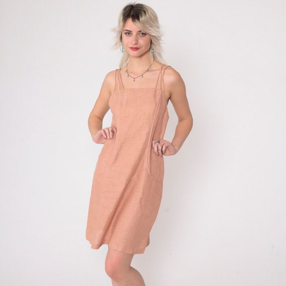 Muted Peach Linen Dress 90s Strappy Mini Dress Summer Sheath Dress Triple Spaghetti Strap Sundress Vintage 1990s Summer Cocktail Small
