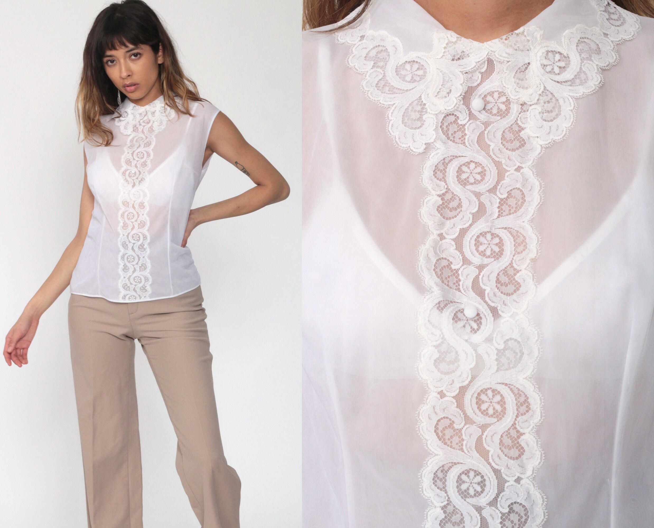 Chiffon Blouse Sheer Lace Top 70s Boho 