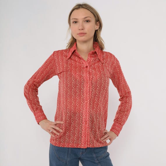 70s Red Blouse floral Button Up Long Sleeve Collar Shirt Tan Polyester Vintage Office Work Casual Classic Retro Medium M
