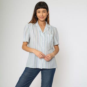 Vintage 80s Striped Blouse Geometric Puff Sleeve Button Up Top Retro Pastel Notched Collar Secretary Shirt 1980s Medium Large