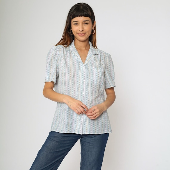 Vintage 80s Striped Blouse Geometric Puff Sleeve Button Up Top Retro Pastel Notched Collar Secretary Shirt 1980s Medium Large