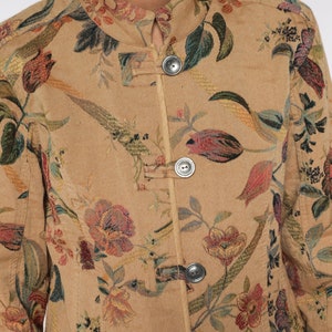 Floral Tapestry Jacket Tan Boho Y2K Hippie Garden Shirt Bohemian Toggle Button Up Mandarin Collar Retro Light Jacket Extra Small XS image 5