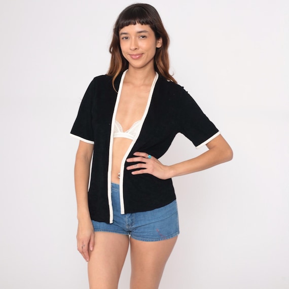 70s Black Cardigan White Contrast Piping Trim Cropped Vintage Jacket Office Blazer Business Professional Workwear Layering Piece Small S