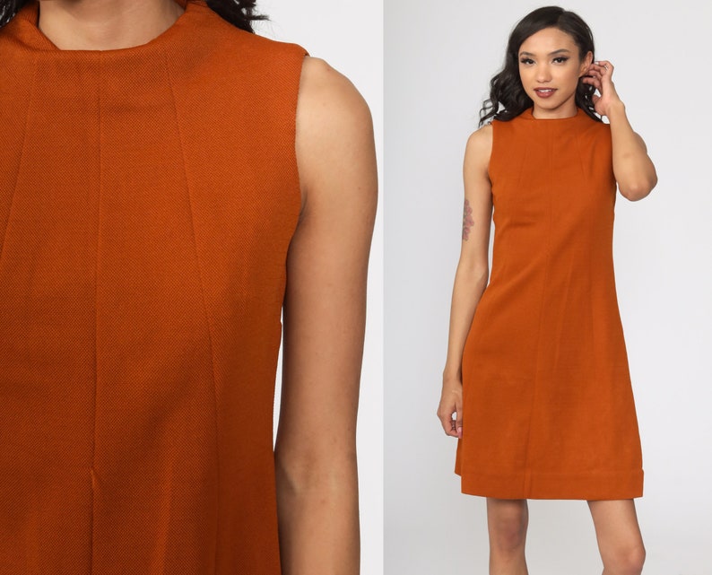 Mod Mini Dress Brown Dress 60s Shift Sleeveless Dress Funnel Neck Poly 1960s Gogo Vintage Sixties Twiggy Plain 70s Minidress Extra Small xs