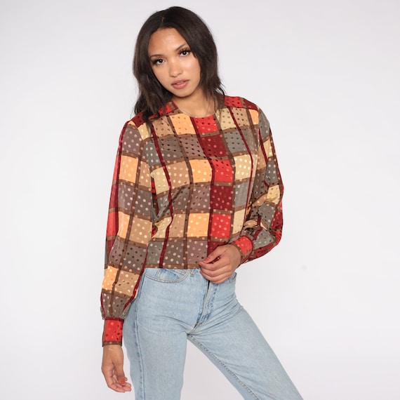 80s Checkered Blouse Red Yellow Crop Top Hidden Button Up Shirt Check Print Long Sleeve 1980s Cropped Top Vintage Taupe Brown Small S