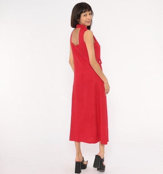 90s Red Linen Button Front Dress Sleeveless Notched Collar Shirtdress Cherry Crimson Summer Spring Beach Vacation Vintage Womens Small S