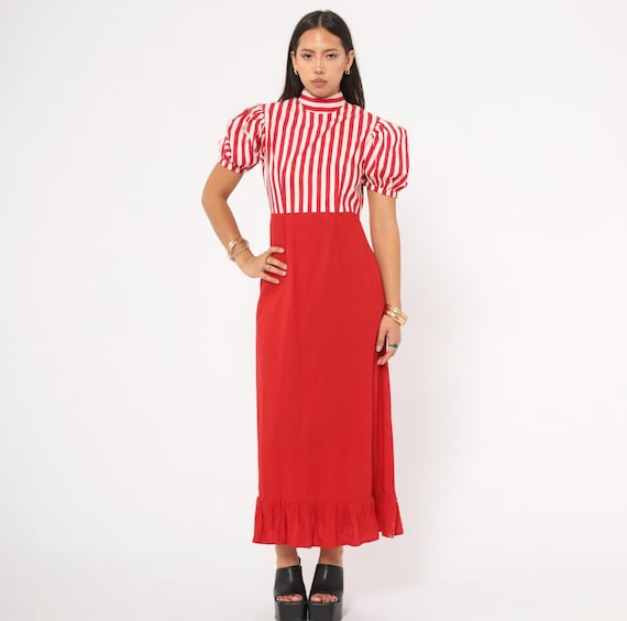 70s Candy Striped Dress Puff Sleeve Maxi Red White Cotton High Neck Prairie Empire Waist Scarlet Circus Clowncore Ring Master Medium M