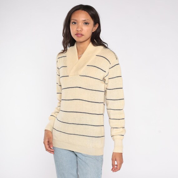 Cream Striped Sweater 80s Shawl Collar Pullover Long Sleeve Preppy Knit Wool Ski Lodge Winter Cozy Minimalist Hardy Amies London Medium M