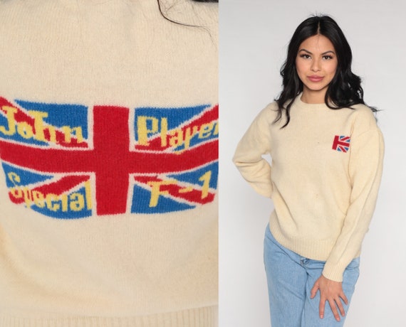 John Player Special F1 Sweater Cream Wool Sweater 80s Race Car Pullover British Flag Knit 1980s Racing Bohemian Vintage Small